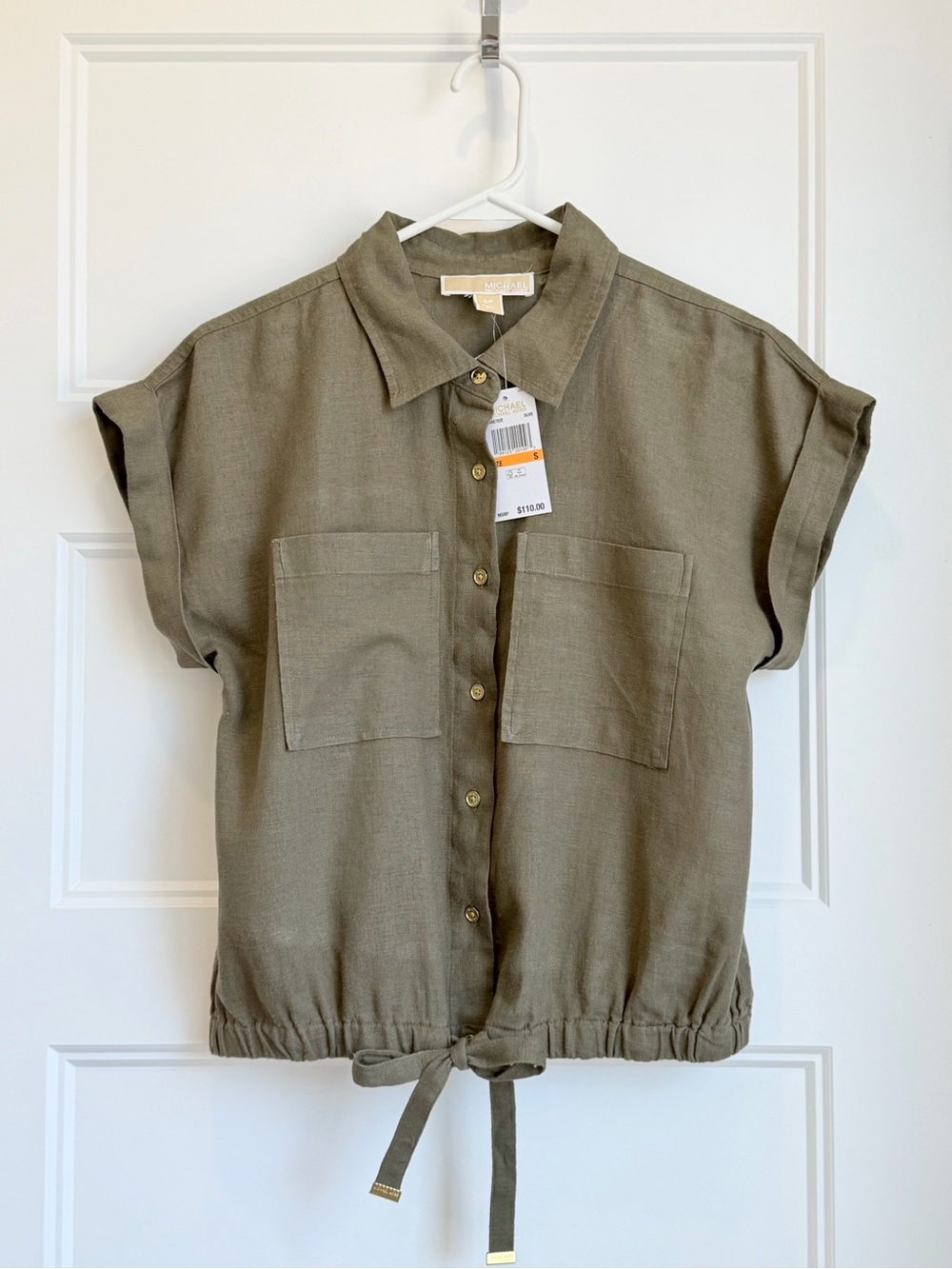MICHAEL Michael Kors Olive Green Short Sleeve Button Front Tie Hem Top